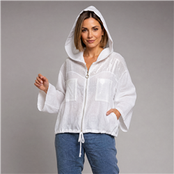 Mujer campera lino capucha bordada lentejuelas italiana - IB