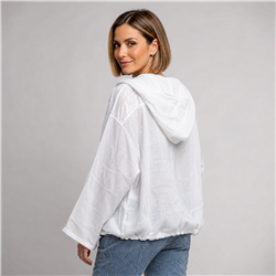 Mujer campera lino capucha bordada lentejuelas italiana - IB