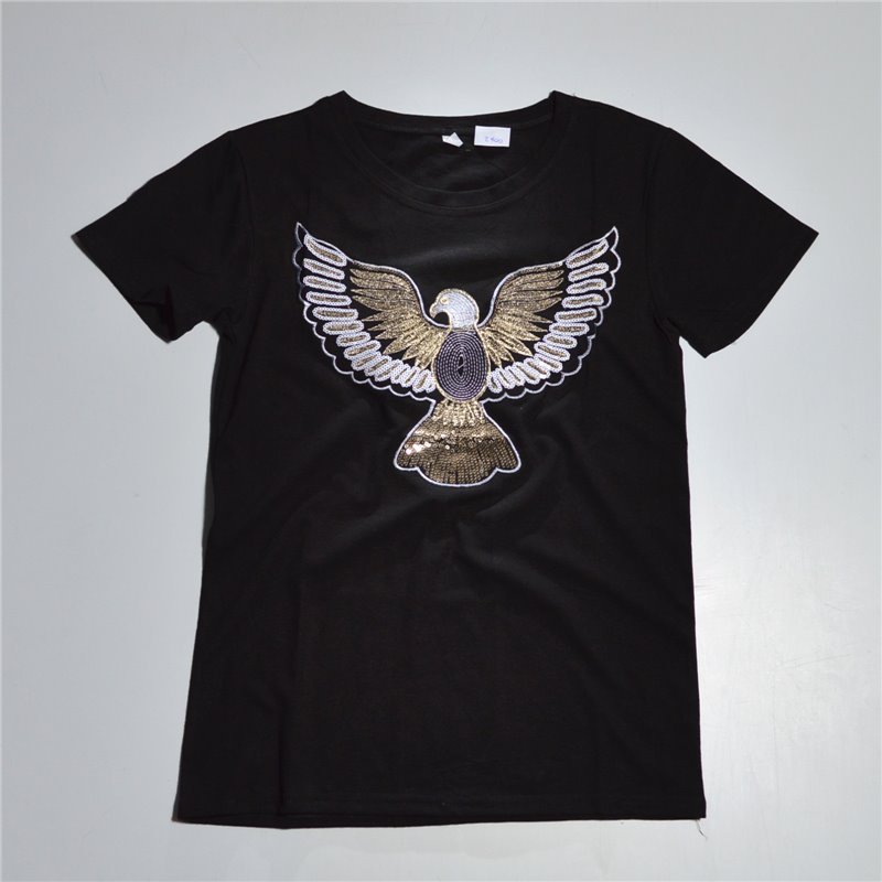 Mujer Remera algodon bordado aguila lentejuelas