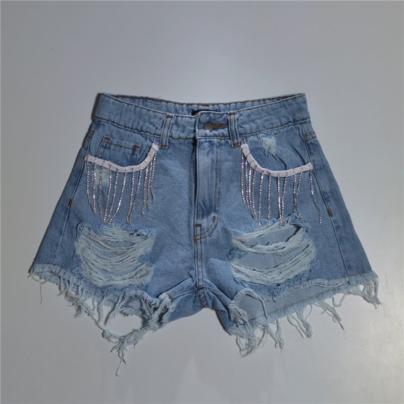 Mujer short jean rigido frente rotura bolsillos tiras estrass