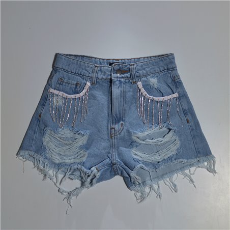 Mujer short jean rigido frente rotura bolsillos tiras estrass